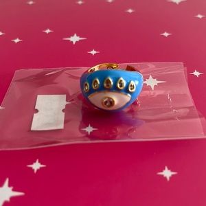 New oversized Enamel Evil Eye ring in white, and gold, small crystals.